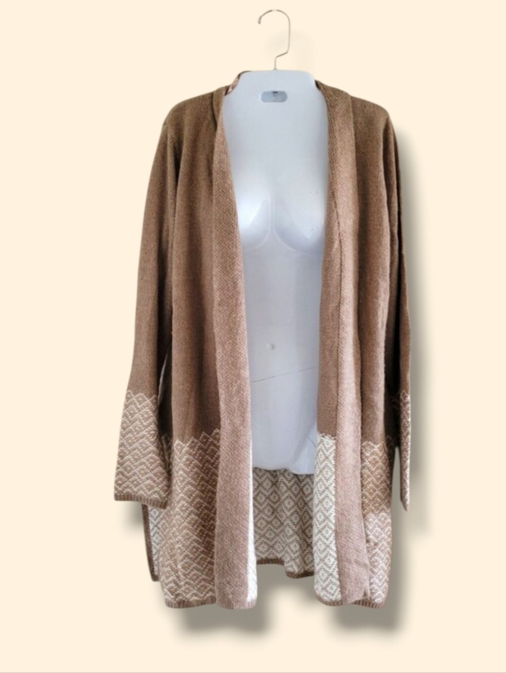 Karen Scott | EUC Long Brown/White Open Front Boho Long Sleeve Knit Cardigan